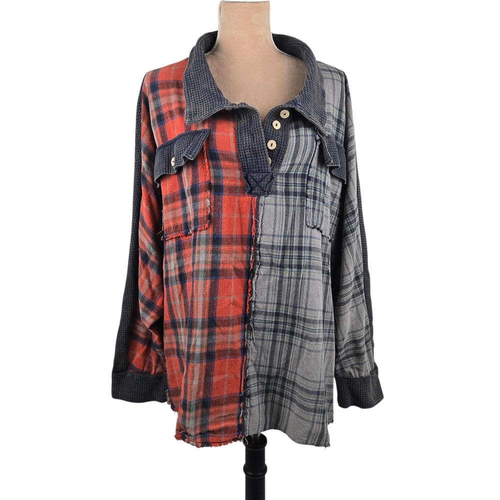 Oli & Hali Plaid Patchwork Flannel Oversized Shirt Red Grey Size S/M